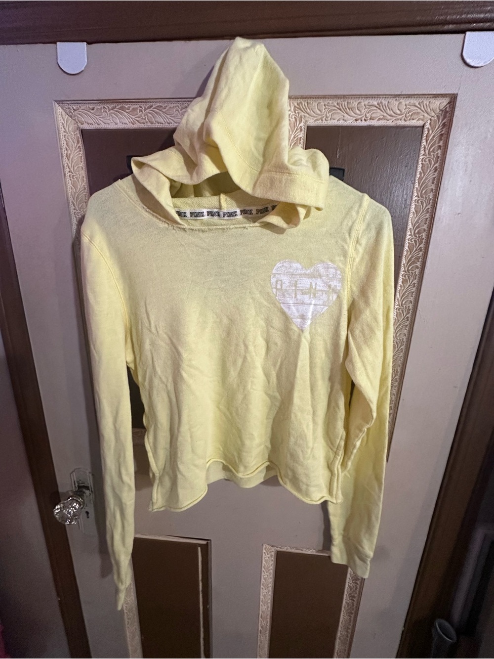 PINK Victoria's Secret Lightweight Yellow Hooded Top with Heart Graphic